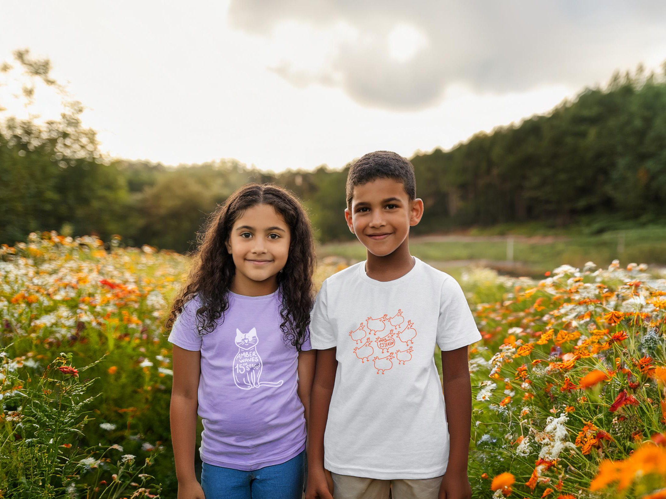 Firefly 2 children different races facing camera on a farm with white t-shirts in a wild flower gard (1)